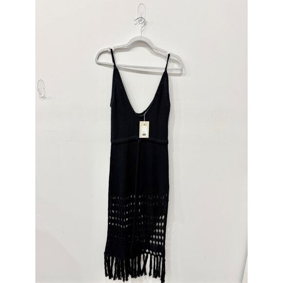 Nikkis Beach House Open Knit Crochet Cover-Up Maxi Dress w/ Fringe Trim Black XS - Picture 1 of 4